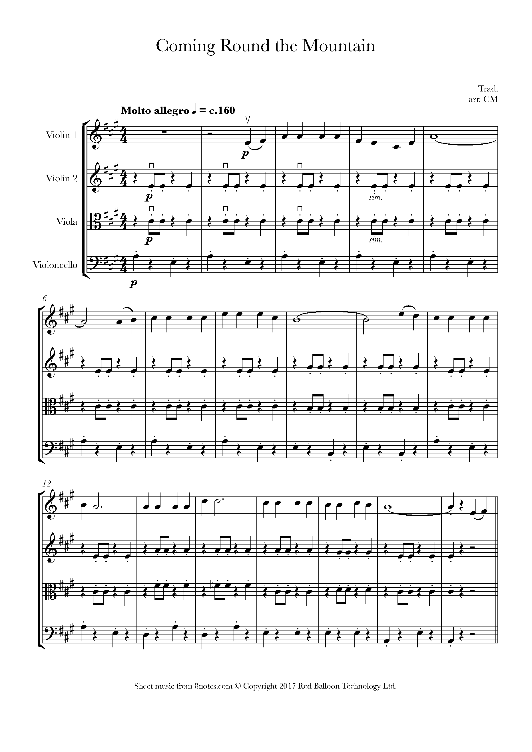 Coming round the mountain Sheet music for String Quartet