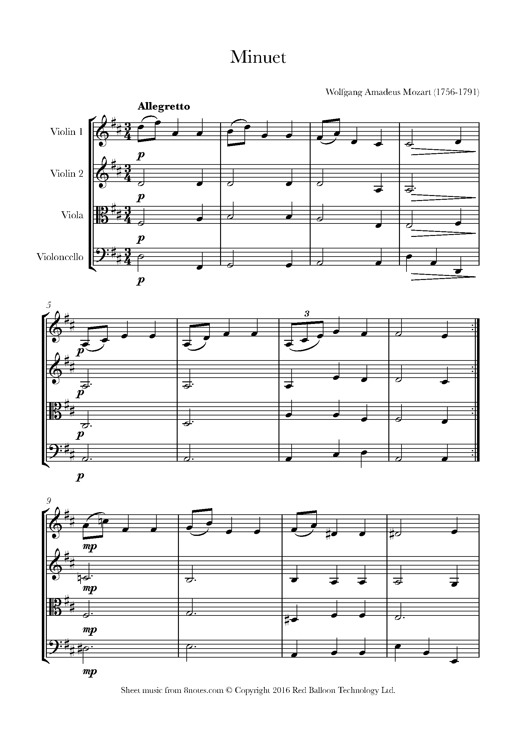 Mozart Minuet Sheet music for String Quartet