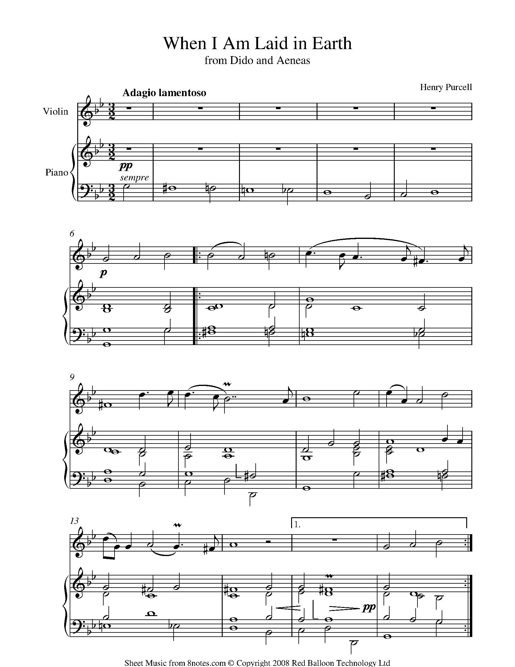 Purcell When I Am Laid in Earth Sheet music for Violin