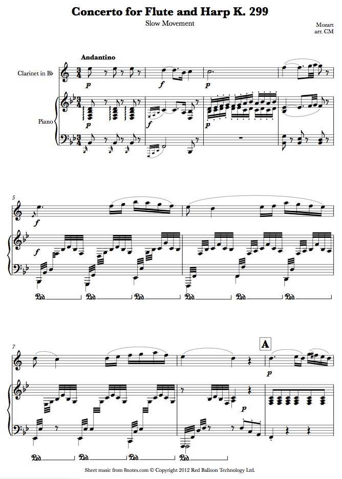 Mozart Concerto for Flute and Harp K. 299 Slow Movement sheet music for