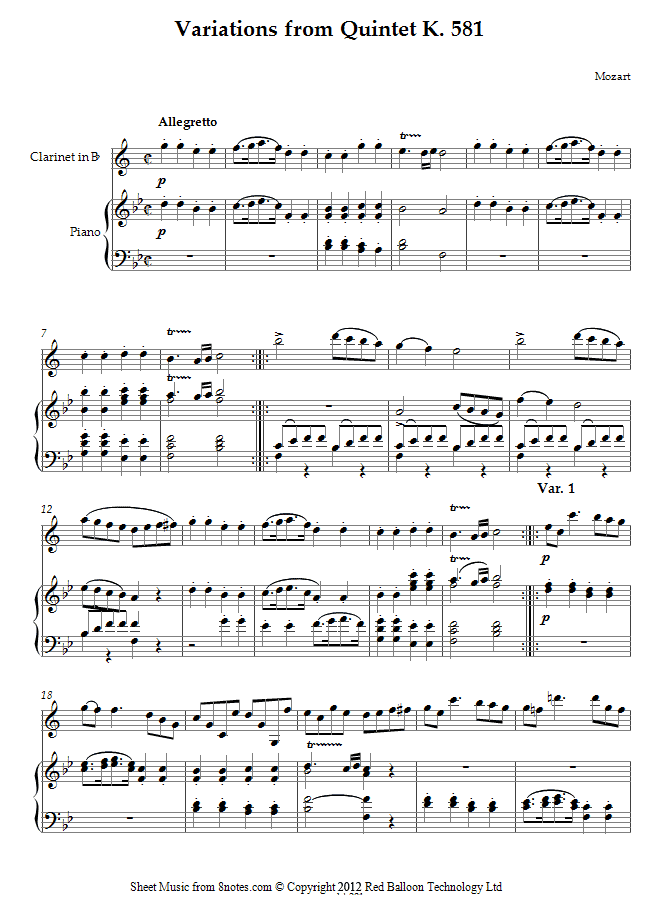 Mozart Variations from Quintet K. 581 sheet music for