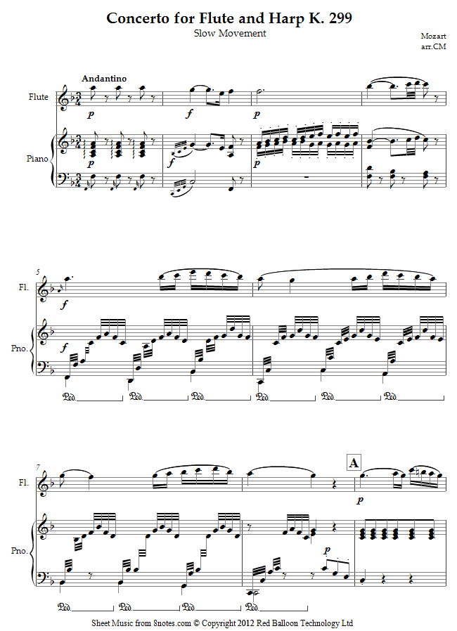 Mozart Concerto for Flute and Harp K. 299 Mvt 2 sheet music for Flute