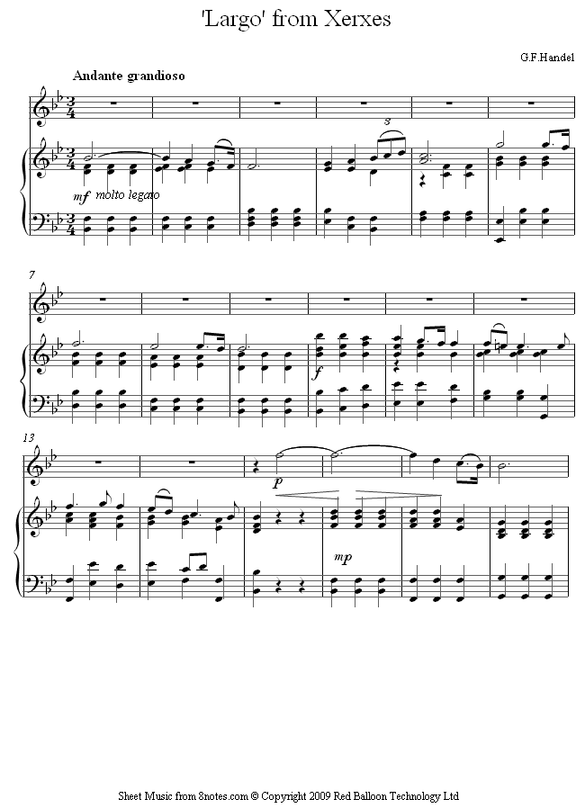Handel Largo from Xerxes sheet music for Flute