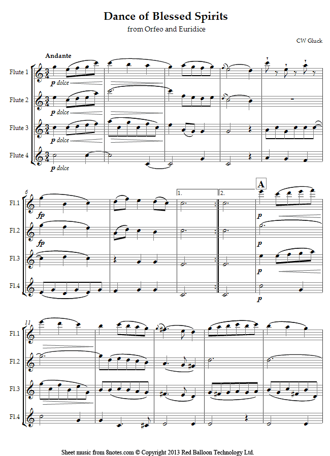 Gluck Dance of Blessed Spirits from Orfeo and Euridice sheet music