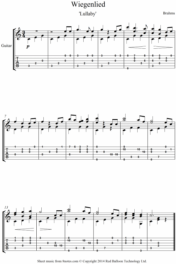 Brahms Lullaby (Wiegenlied) sheet music for Guitar