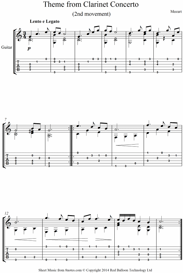Mozart Theme from Concerto sheet music for Guitar