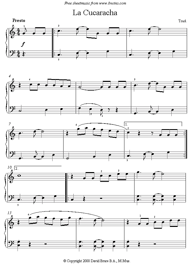 La Cucaracha (Mexico) sheet music for Piano