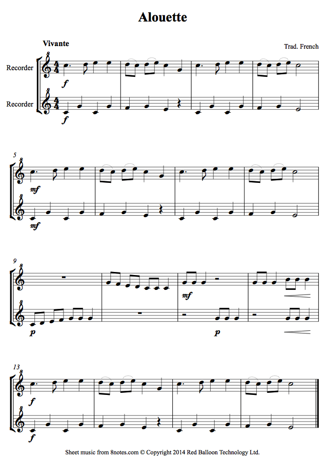 Alouette sheet music for Recorder Duet