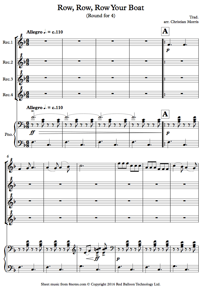Row, Row, Row your Boat sheet music for Recorder Quartet