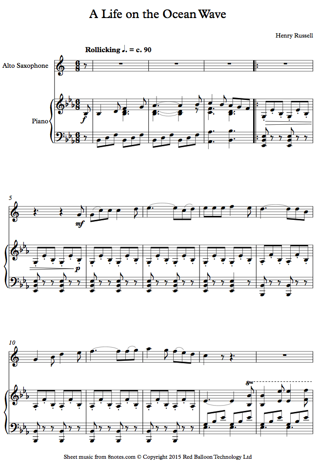 Henry Russell A Life on the Ocean Wave sheet music for Saxophone
