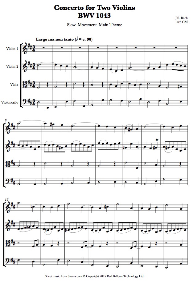 Bach Concerto for Two Violins BWV 1043 (Slow Movement Main Theme) sheet music for String
