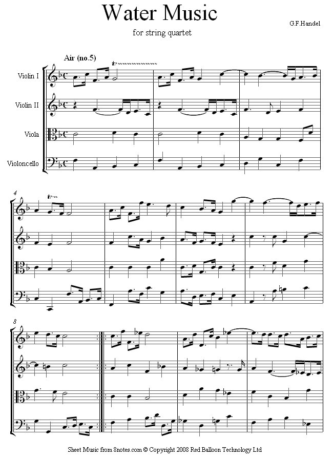 Handel Air from Water Music sheet music for String Quartet
