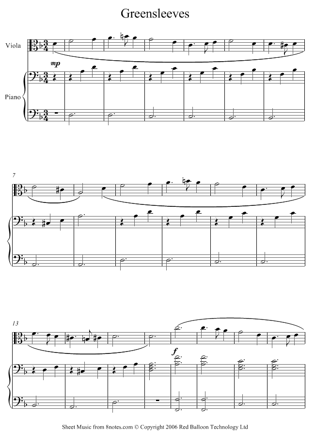 Greensleeves sheet music for Viola