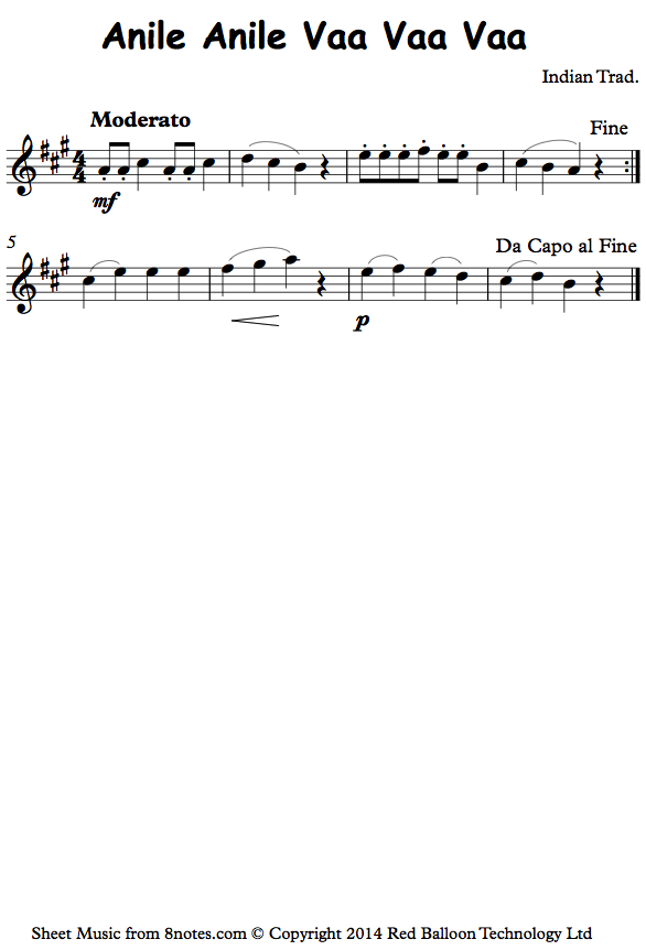 Anile Anile Vaa Vaa Vaa (traditional Indian) sheet music for Violin
