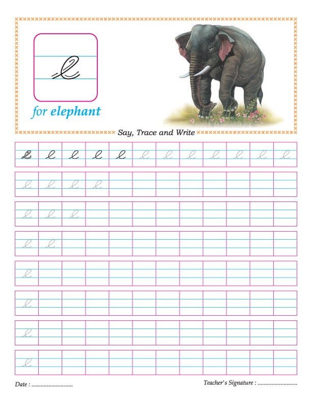 Cursive Handwriting “E” Is For Elephant Worksheets