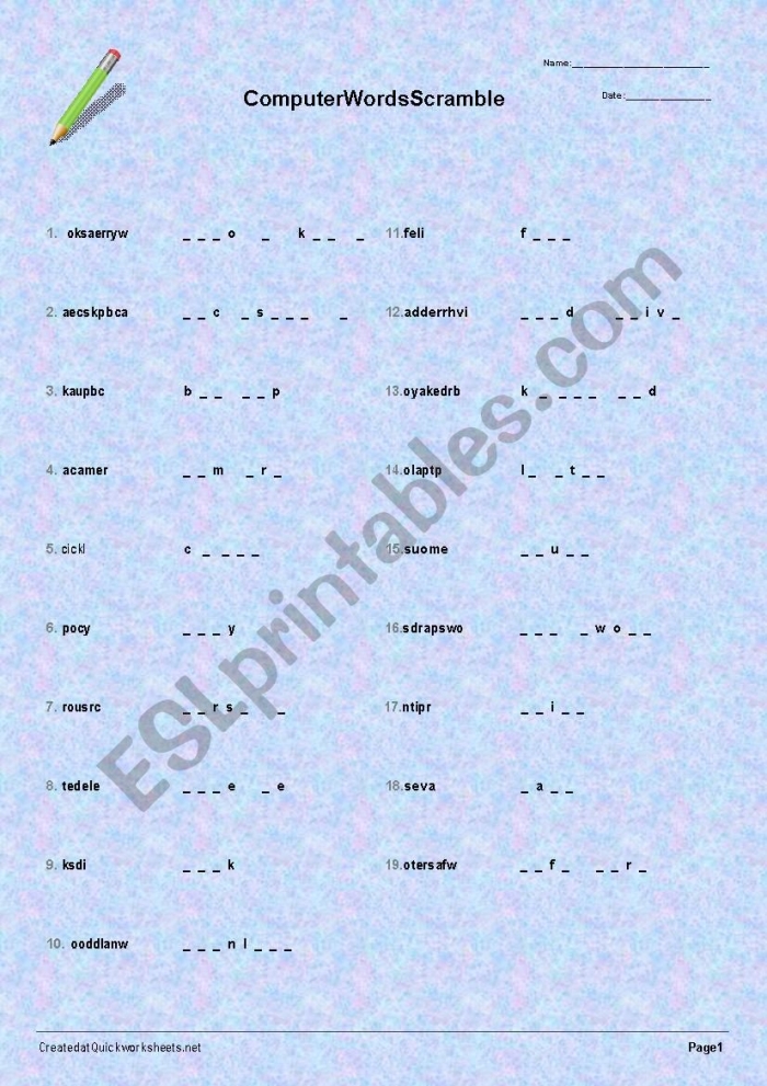Computer Word Scramble Worksheets | 99Worksheets