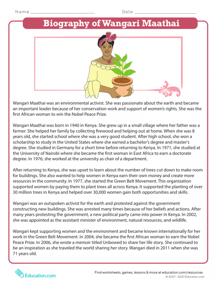 Biography Of Wangari Maathai Worksheets | 99Worksheets