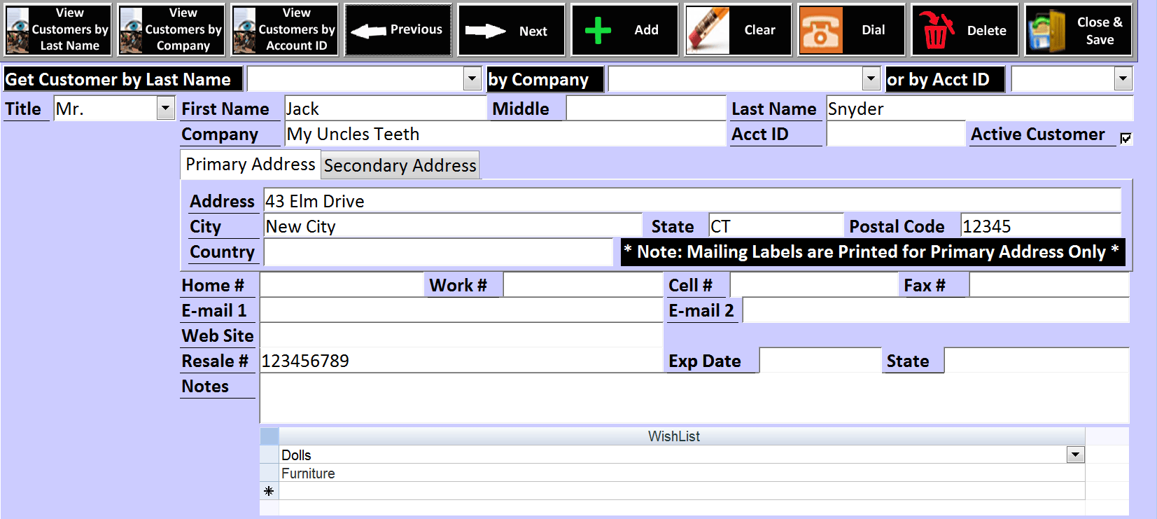 Antique Mall Software Customer Data Entry Form