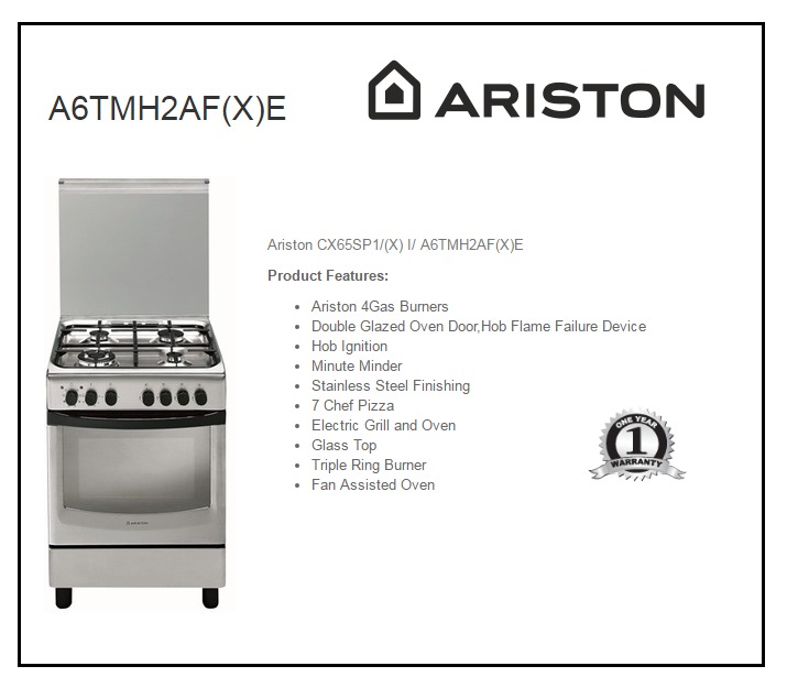 Buy Ariston 60cm 4 Gas Burners Cooker w/ Electric Oven & Grill, Fan