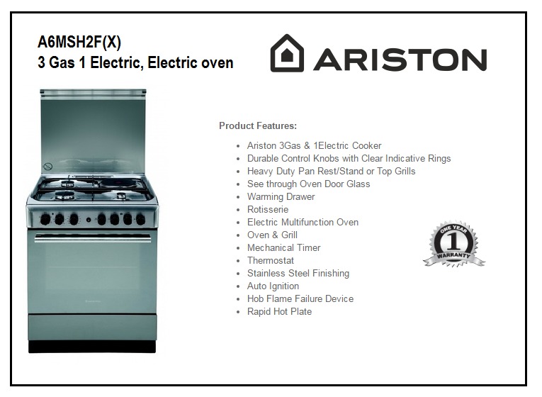 Buy Ariston 60cm Cooker 3 Gas + 1 Electric w/ Electric Oven & Grill