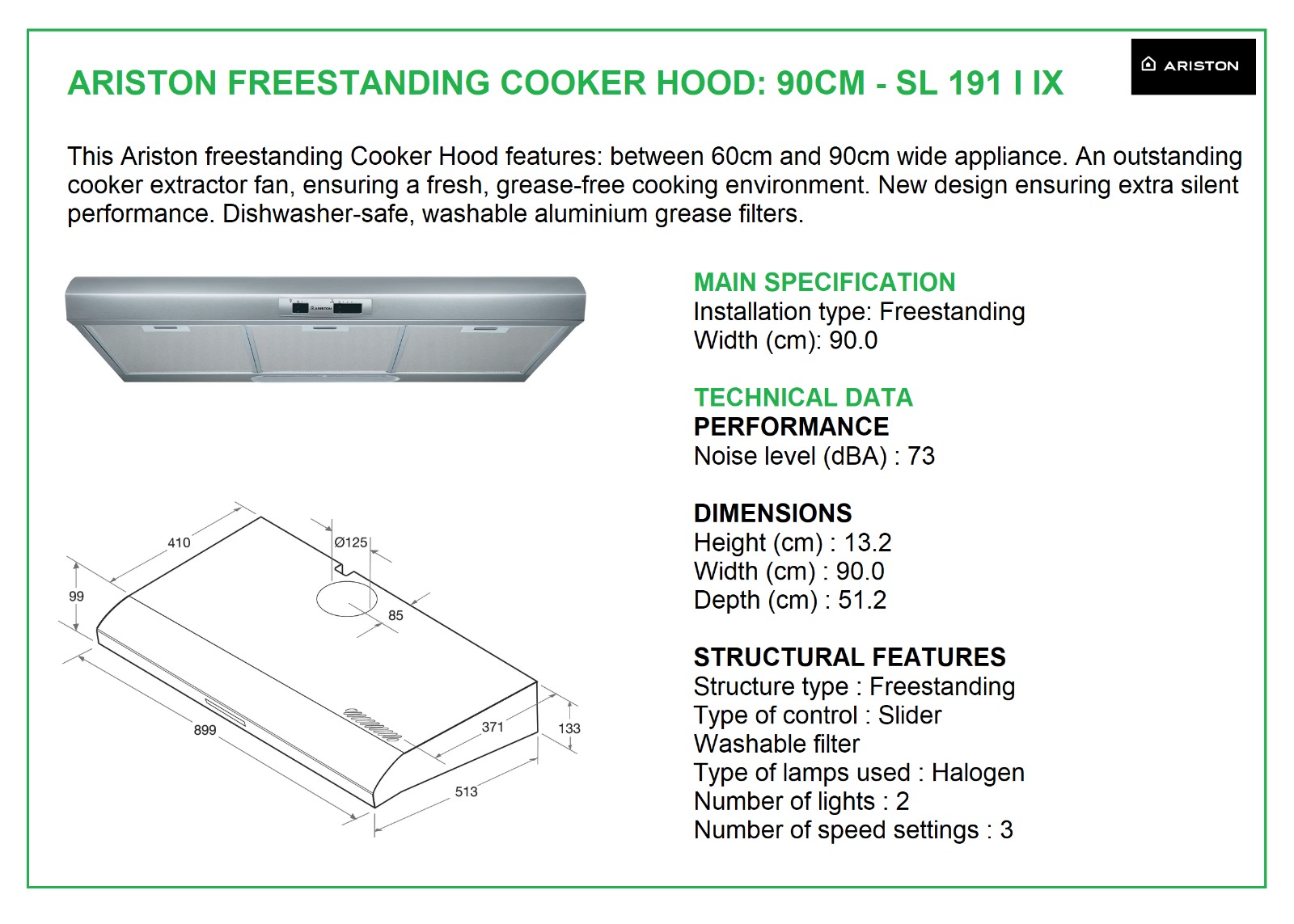 Buy Ariston Freestanding Cooker Hood 90cm w/ Builtin Carbon Filter