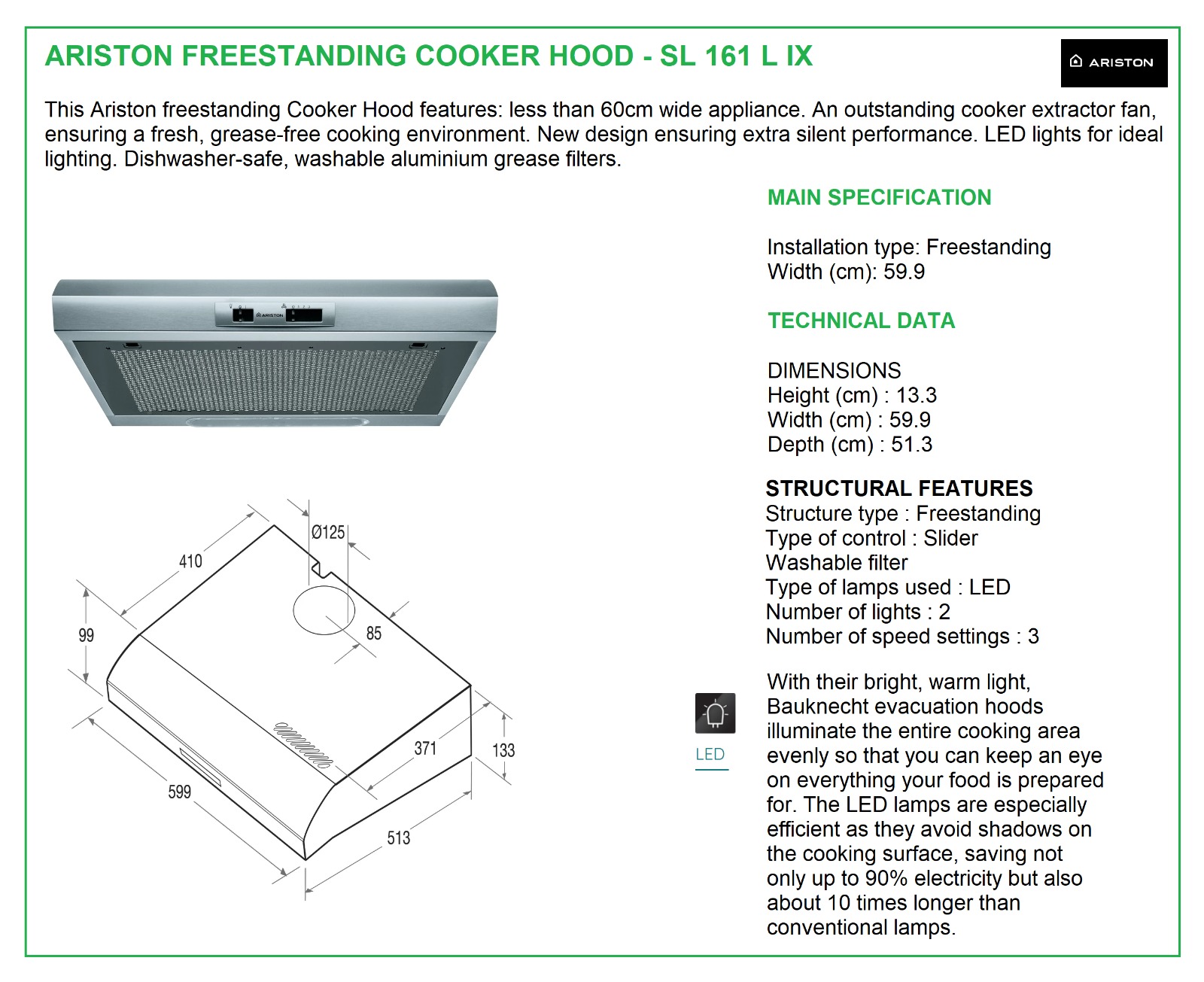 Buy Ariston Freestanding Cooker Hood 60cm w/ Builtin Carbon Filter