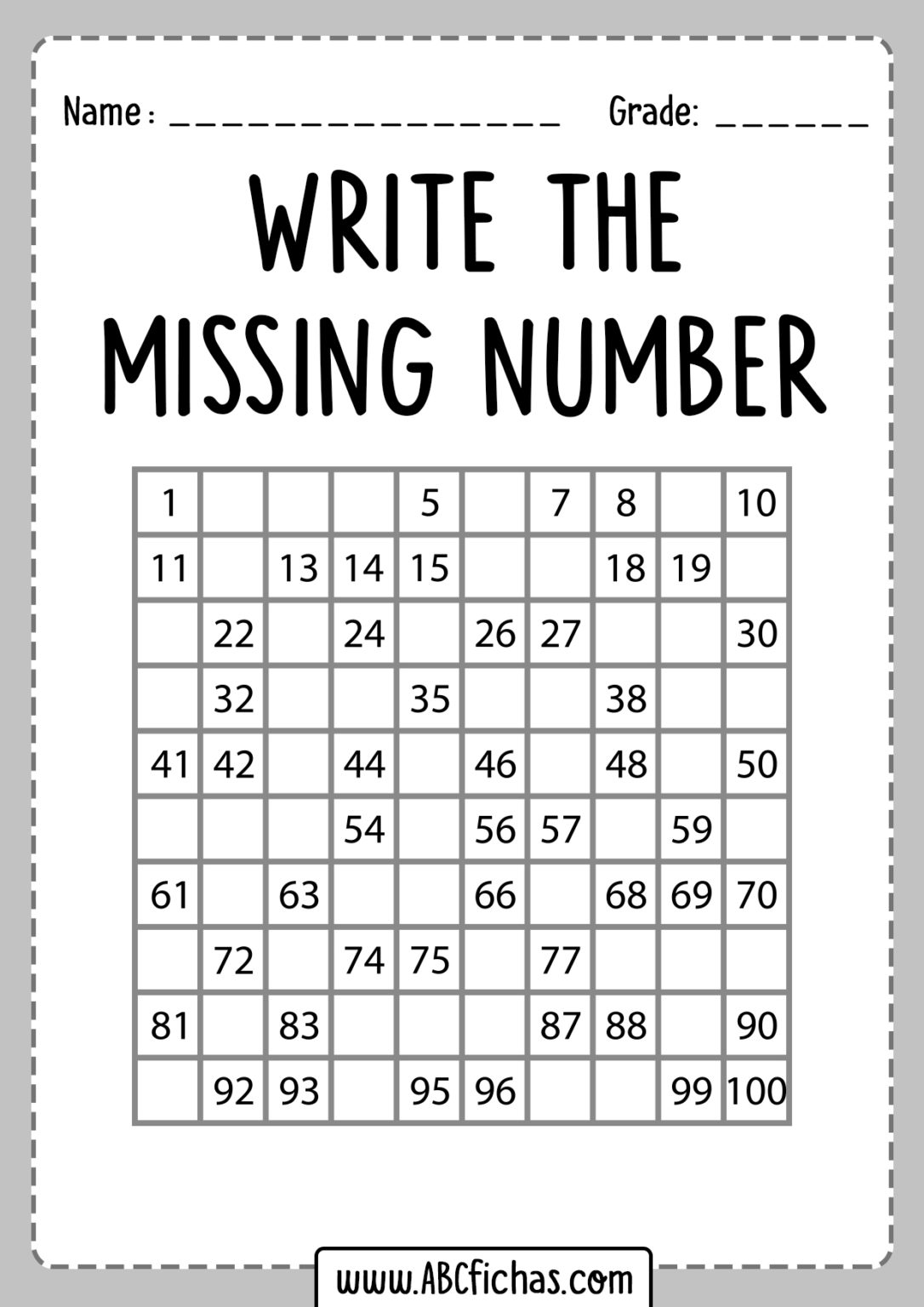 Write the missing number 1-100 - ABC Fichas