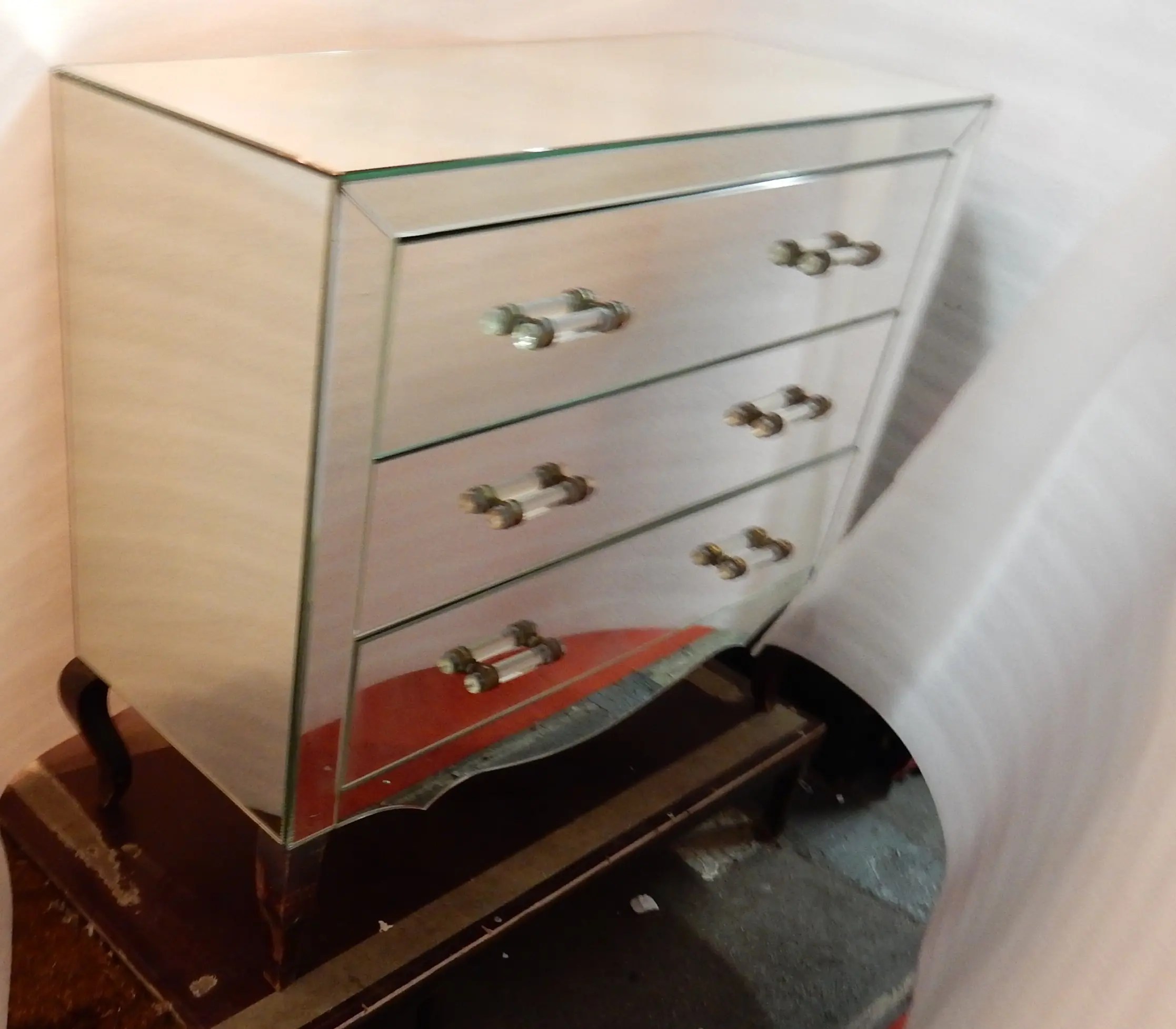 1940/50′ Commode Art Déco Miroir 3 Tiroirs 6 Poignées Verre abcpascal