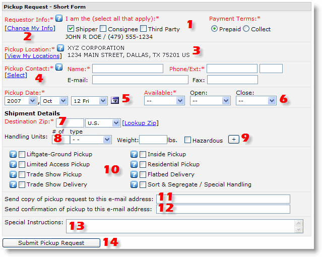 ABF Freight System, Inc. Pickup Request Short Form Info Page