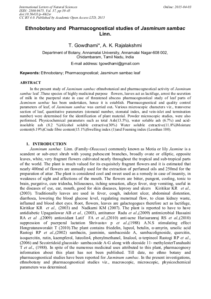 Ethnobotany and Pharmacognostical Studies of Jasminum sambac Linn
