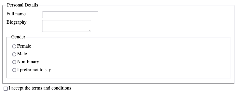 Grouping form controls with fieldset and legend ADG