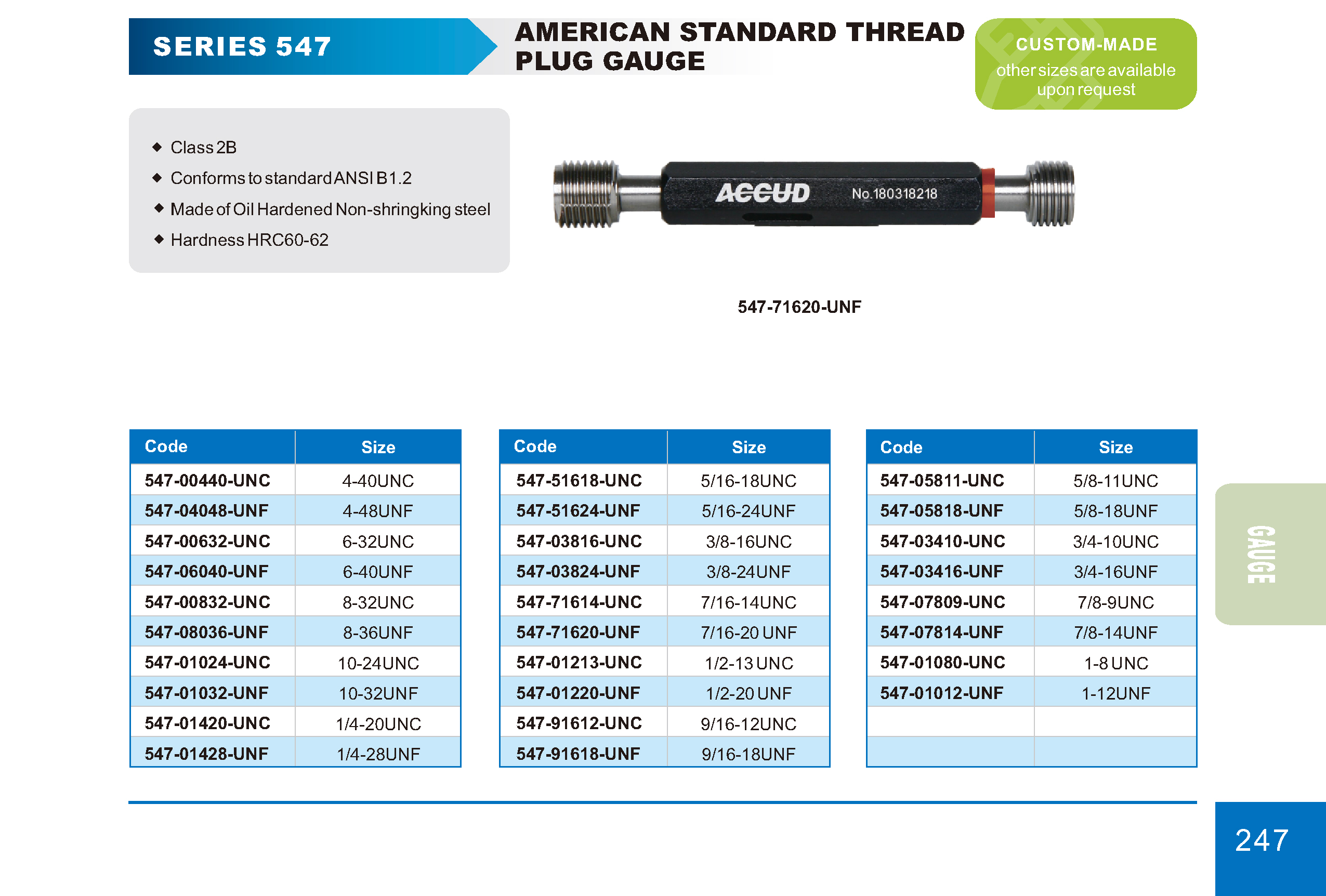 AMERICAN STANDARD THREAD PLUG GAUGE ACCUD