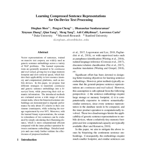 Learning Compressed Sentence Representations for OnDevice Text