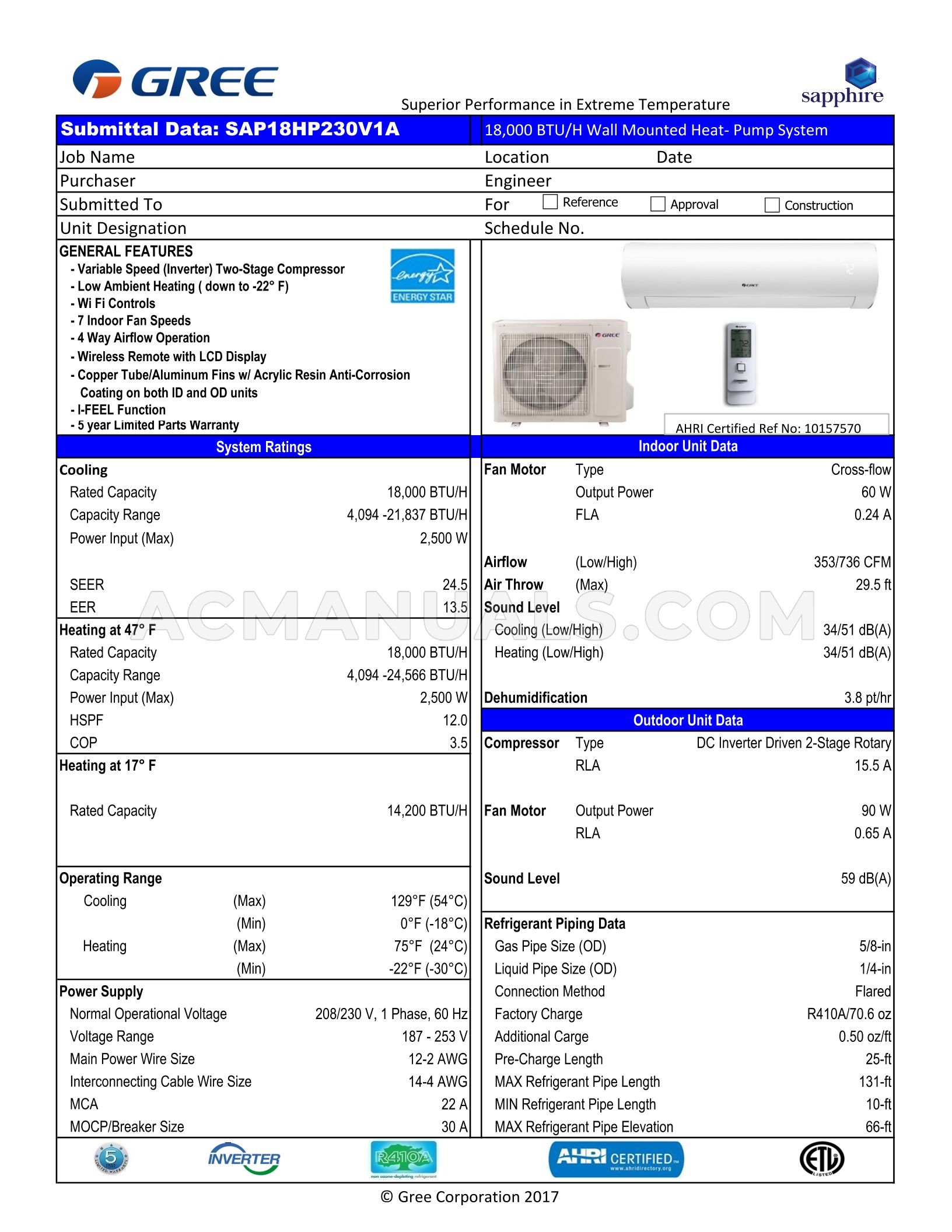 Gree SAP18HP230V1A Sapphire Specifications Sheet