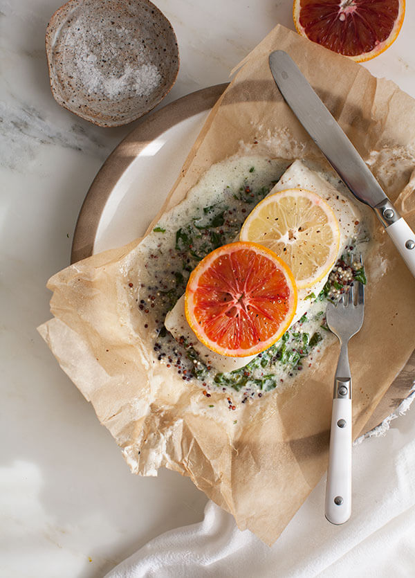 Halibut with Coconut Creamed Kale and Quinoa In a Papillote A Cozy