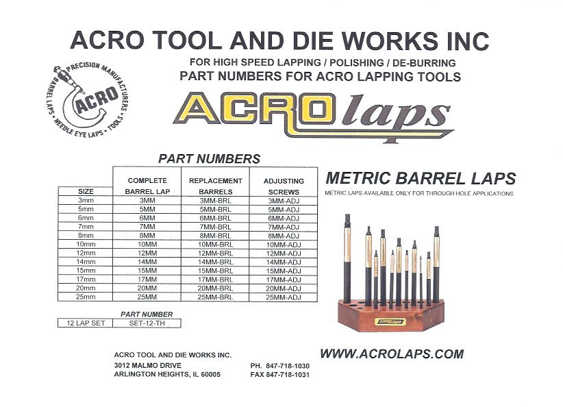 Acrolaps Metric Barrel Lap Part Numbers