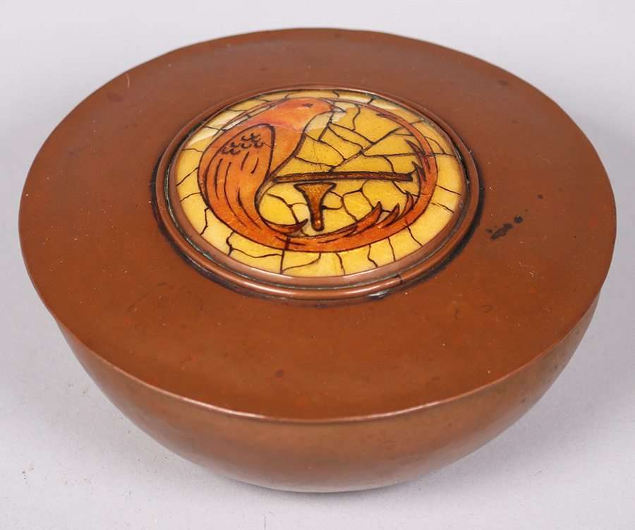 Boston Arts & Crafts Hammered Copper & Enamel Round Box c1905
