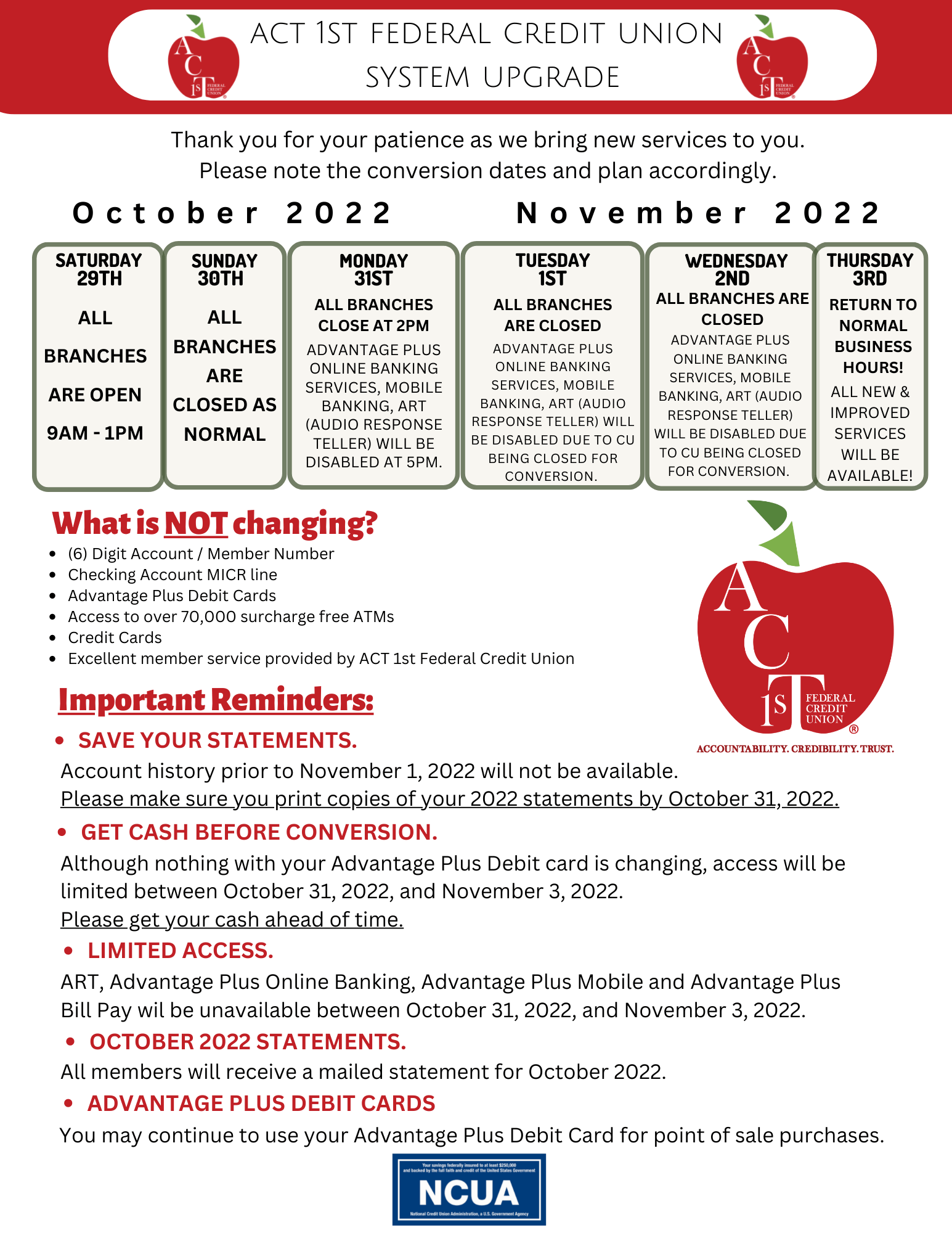 Conversion Info 2 ACT 1st Federal Credit Union