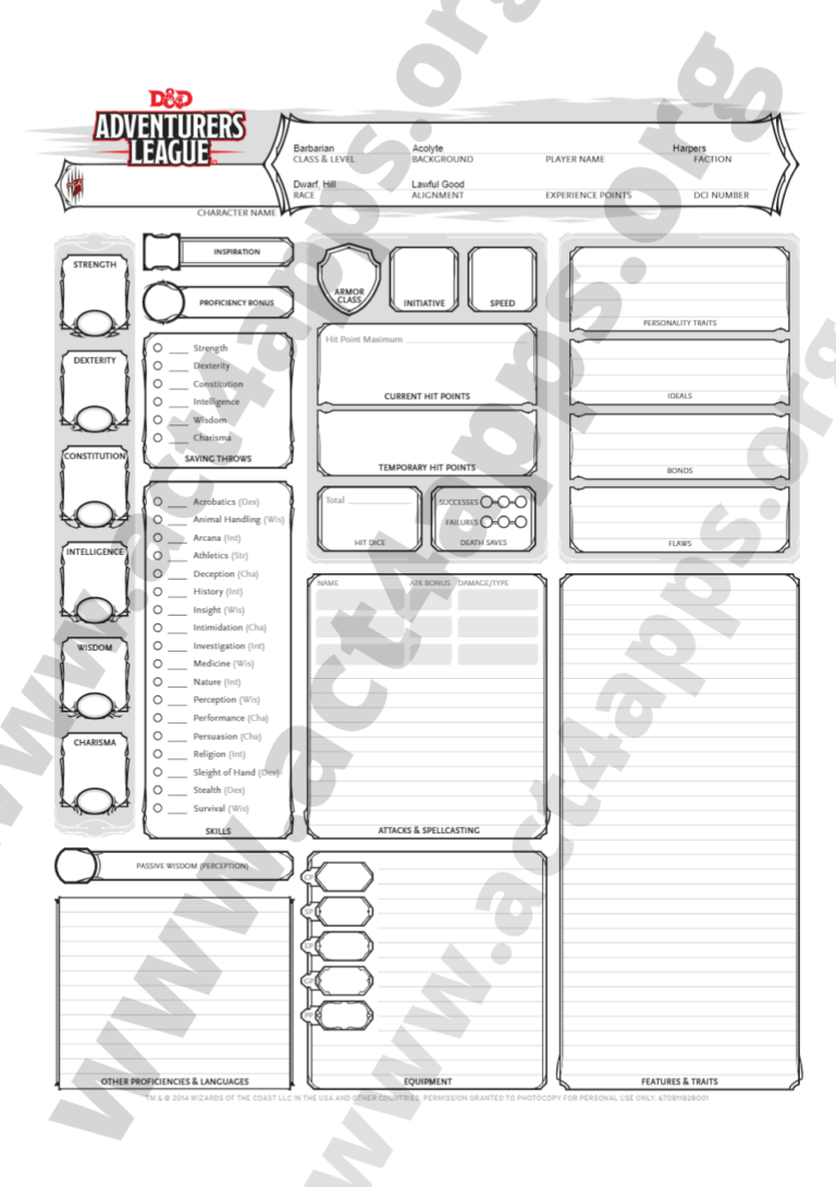 DnD 5e Character Sheet Pdf editable, fillable, downloadable Act4apps