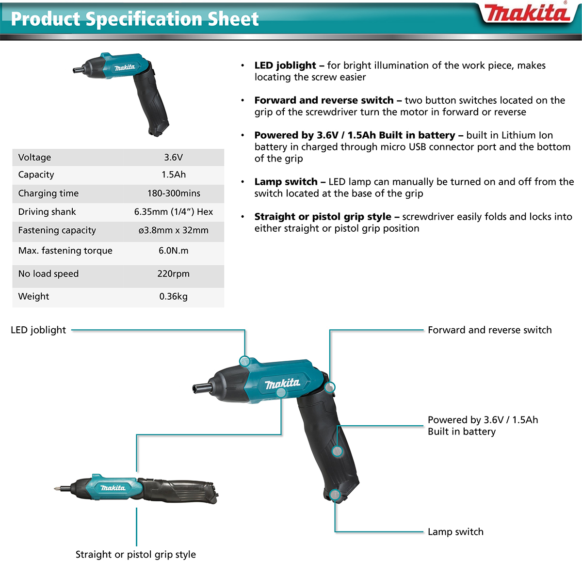 Makita DF001DW, 3.6V In-Line Cordless Screwdriver | A.C.T. Hardware
