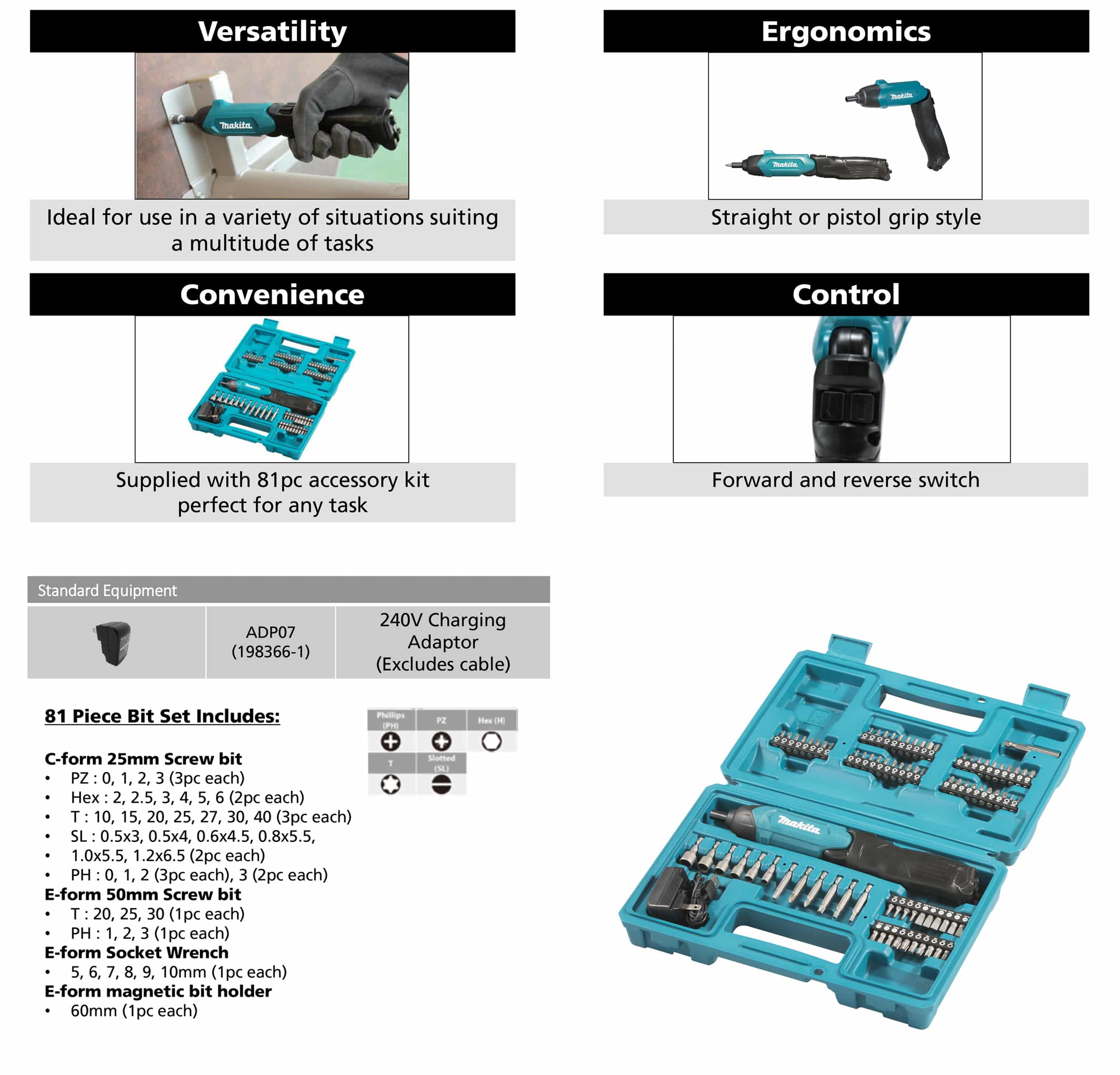 Makita DF001DW, 3.6V InLine Cordless Screwdriver A.C.T. Hardware