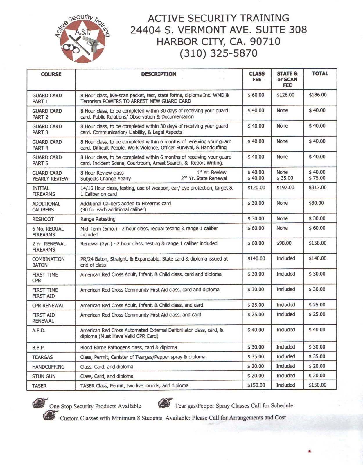 Active Class Information, Security Guard Guide, Guard Card, Firearms