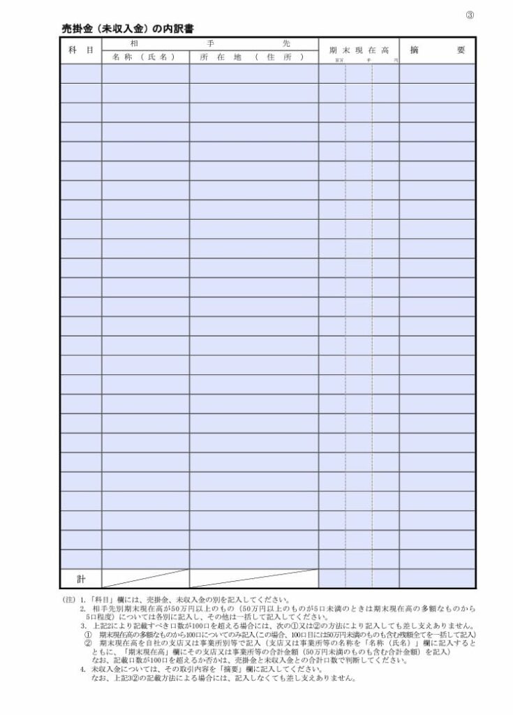 【入力用PDF】勘定科目内訳明細書③売掛金(未収金)の内訳書(平成31年4月1日以後終了事業年度分) らくらくPDF