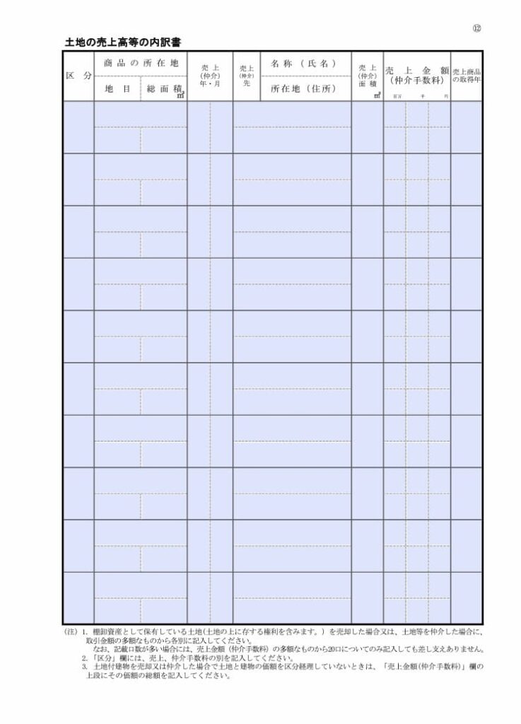 【入力用PDF】勘定科目内訳明細書⑫土地の売上高等の内訳書(平成31年4月1日以後終了事業年度分) らくらくPDF