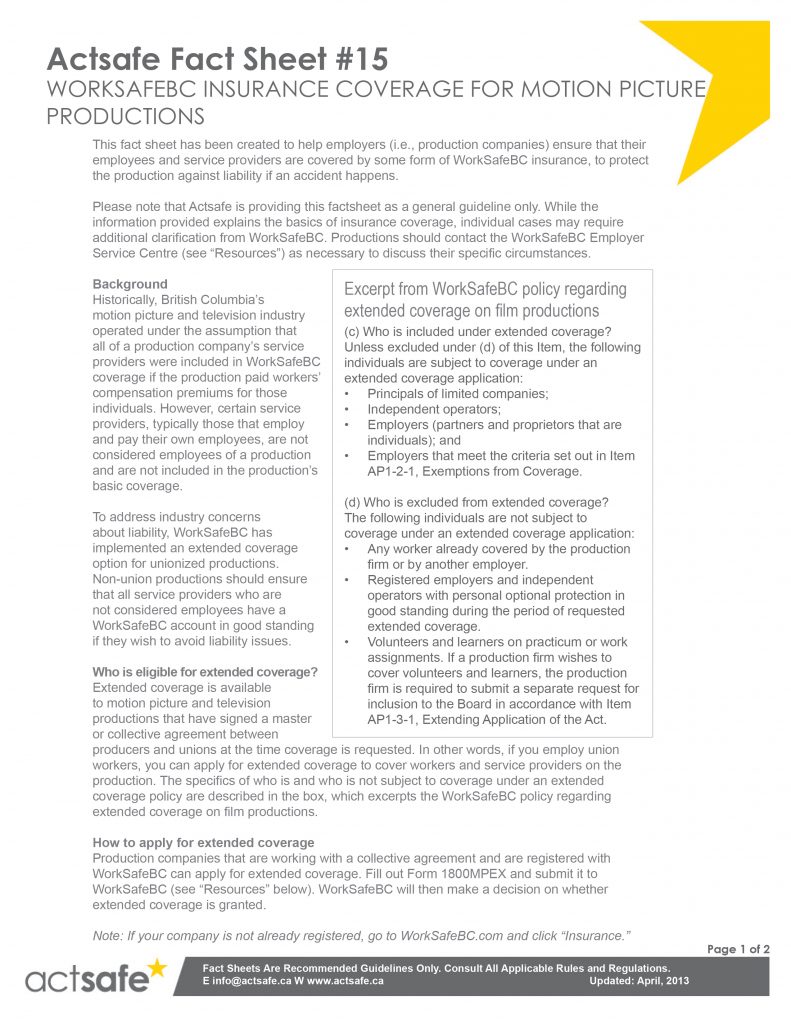 WorkSafeBC Insurance Coverage for Motion Picture Productions Fact Sheet