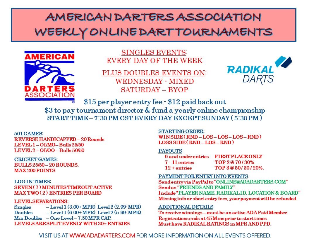 Ada Fee Schedule 2024 2020 ADA Weekly Tournament Schedule ADA The American Darters