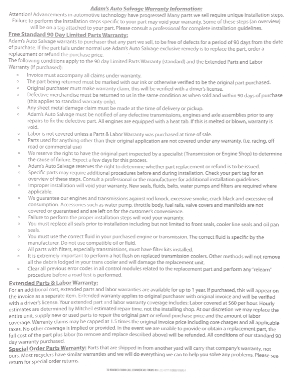 Warranty - Adams Auto Salvage