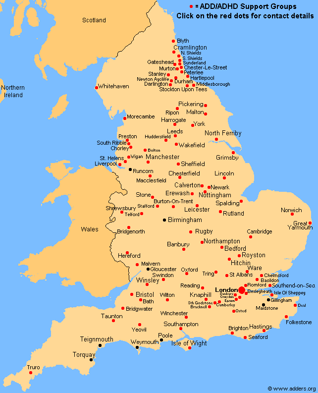 Adders In England Map English ADD/ADHD Support Groups