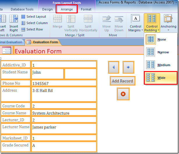 Access 2010 Quickly Set Form Control Padding
