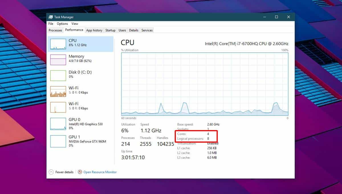 How to check CPU Core count on a Windows 10 PC